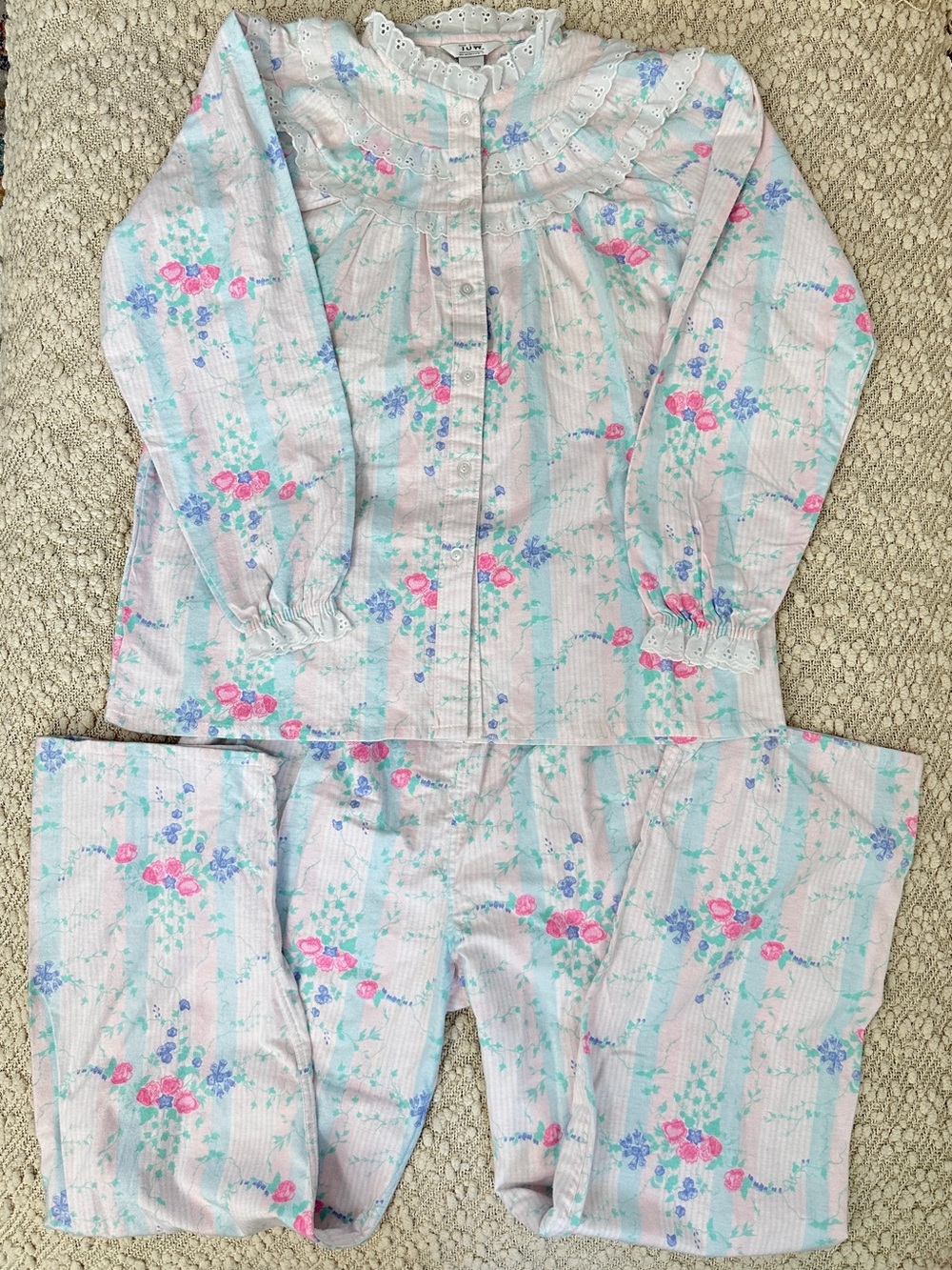 VTG TJW by Mervyns Womens Floral Cotton Pajama Set Eyelet Lace Trim Size M L